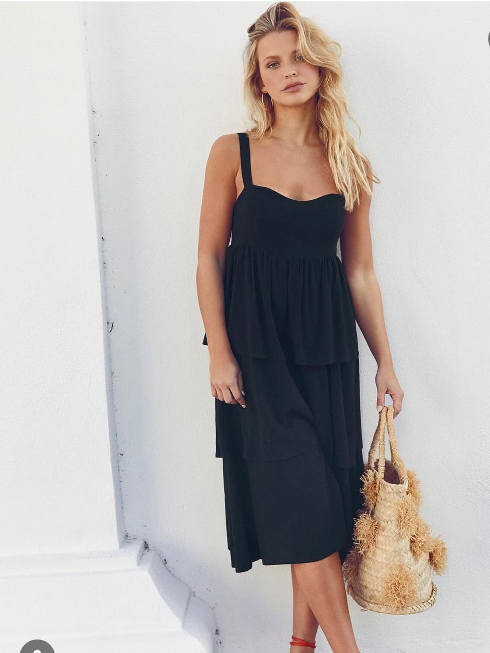 Teza Collection Black Tiered Midi Dress with Adjustable Tie Straps NWT - Picture 2 of 7